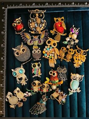 Lot 15 Owl Brooch Pin Set Rhinestone Enamel Crystal Bird Animal Jewelry Variety